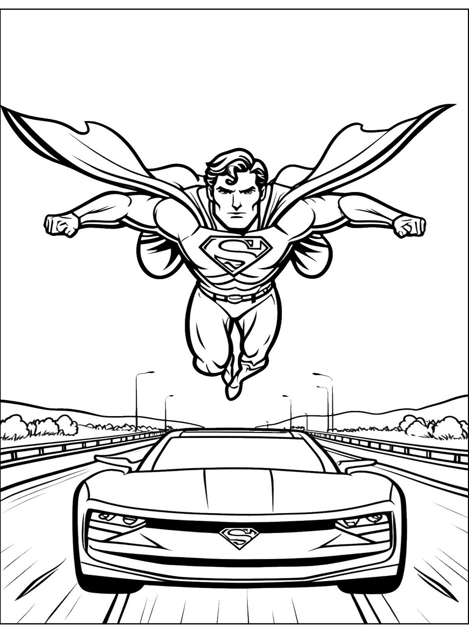 Ausmalbild Superman und Superauto Drucken