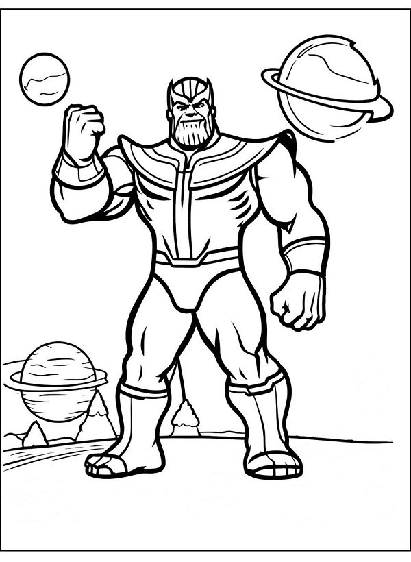 Ausmalbild Thanos zwischen Planeten